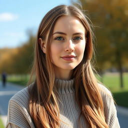 A 35-year-old woman with fair skin and long hair, shown in a natural style with minimal makeup