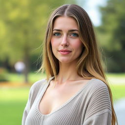 A 35-year-old woman with fair skin and long hair, shown in a natural style with minimal makeup