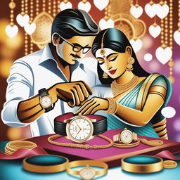 A high-resolution photograph captures a real, stylish couple exchanging luxury watches as gifts for Akshaya Tritiya, symbolizing love and prosperity