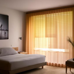 An Airbnb room with a calm and inviting color scheme, featuring a bed, side table, good lighting, a wall photo, and calm-colored curtains, complete with all necessary furnishings