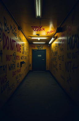 A disorienting and eerie backroom scene featuring yellow walls with ominous red and black markings