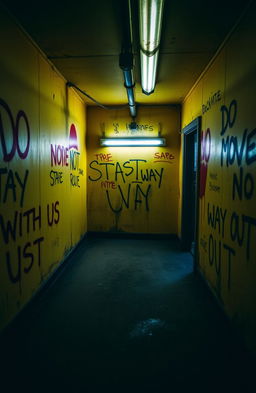 A disorienting and eerie backroom scene featuring yellow walls with ominous red and black markings