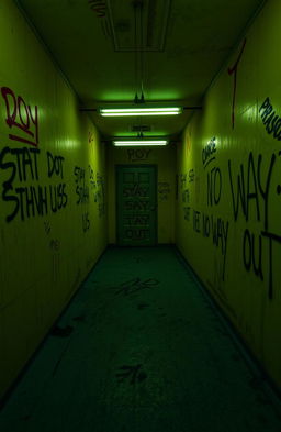 A disorienting and eerie backroom scene featuring yellow walls with ominous red and black markings