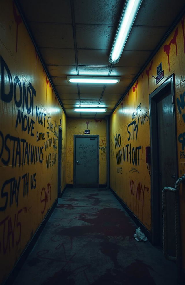 A disorienting and eerie backroom scene featuring yellow walls with ominous red and black markings