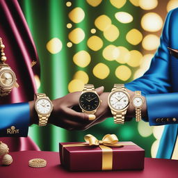 A high-resolution photograph captures a real, stylish couple exchanging luxury watches as gifts for Akshaya Tritiya, symbolizing love and prosperity