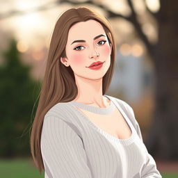A 35-year-old woman with fair skin and long hair, illustrated in a natural style with minimal makeup
