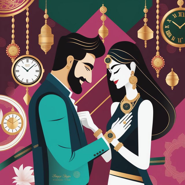 A high-resolution photograph captures a real, stylish couple exchanging luxury watches as gifts for Akshaya Tritiya, symbolizing love and prosperity