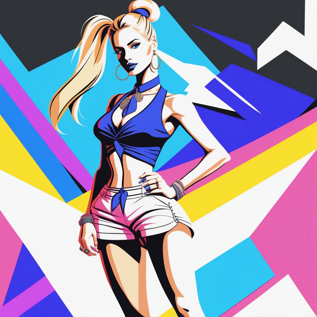 A high-resolution digital art piece showcasing a petite blonde woman in a ponytail, confidently dressed in a tie-up crop top, shorts, and a necklace