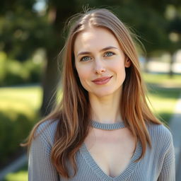 A 35-year-old woman with fair skin and long hair, depicted in a natural style with minimal makeup
