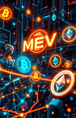 A futuristic and dynamic digital artwork representing the concept of MEV (Miner Extractable Value) in decentralized finance