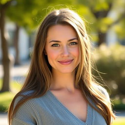 A 35-year-old woman with fair skin and long hair, depicted in a natural style with minimal makeup