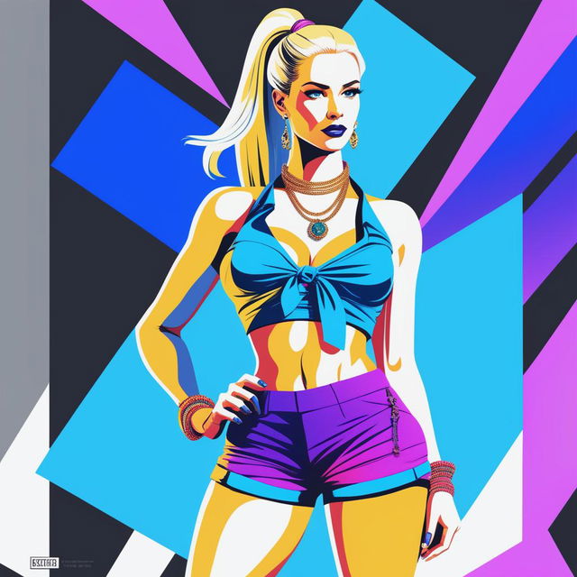 A high-resolution digital art piece showcasing a petite blonde woman in a ponytail, confidently dressed in a tie-up crop top, shorts, and a necklace