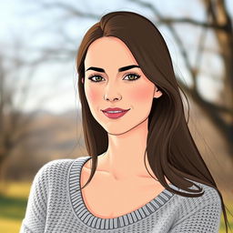A 35-year-old woman with fair skin and long hair, illustrated in a natural style with minimal makeup