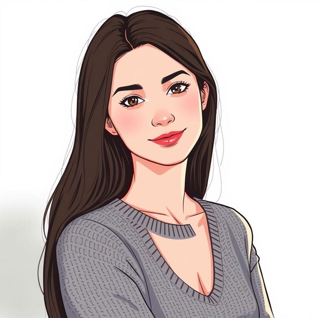 A 35-year-old woman with fair skin and long hair, illustrated in a natural style with minimal makeup