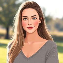 A 35-year-old woman with fair skin and long hair, illustrated in a natural style with minimal makeup
