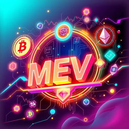 A vibrant and futuristic digital illustration encapsulating the concept of MEV (Miner Extractable Value) within the cryptocurrency landscape