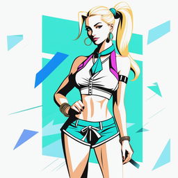 A high-resolution digital art piece showcasing a petite blonde woman in a ponytail, confidently dressed in a tie-up crop top, shorts, and a necklace