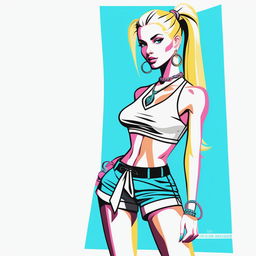 A high-resolution digital art piece showcasing a petite blonde woman in a ponytail, confidently dressed in a tie-up crop top, shorts, and a necklace