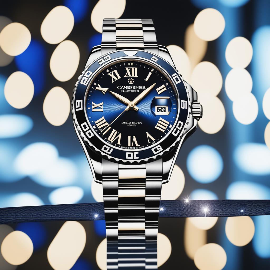 A high-resolution photograph showcases an elegant luxury watch against a backdrop of shimmering lights and a luxurious setting