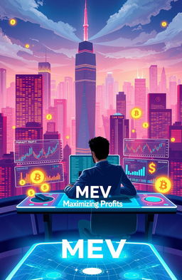 An imaginative and vibrant depiction of the concept of MEV (Miner Extractable Value), illustrated with a dynamic city skyline filled with digital screens showcasing graphs and charts representing cryptocurrency transactions