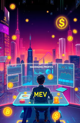 An imaginative and vibrant depiction of the concept of MEV (Miner Extractable Value), illustrated with a dynamic city skyline filled with digital screens showcasing graphs and charts representing cryptocurrency transactions