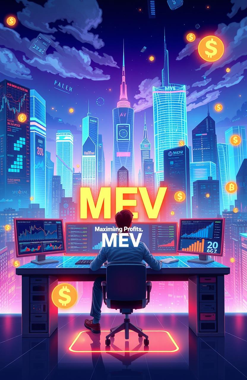 An imaginative and vibrant depiction of the concept of MEV (Miner Extractable Value), illustrated with a dynamic city skyline filled with digital screens showcasing graphs and charts representing cryptocurrency transactions