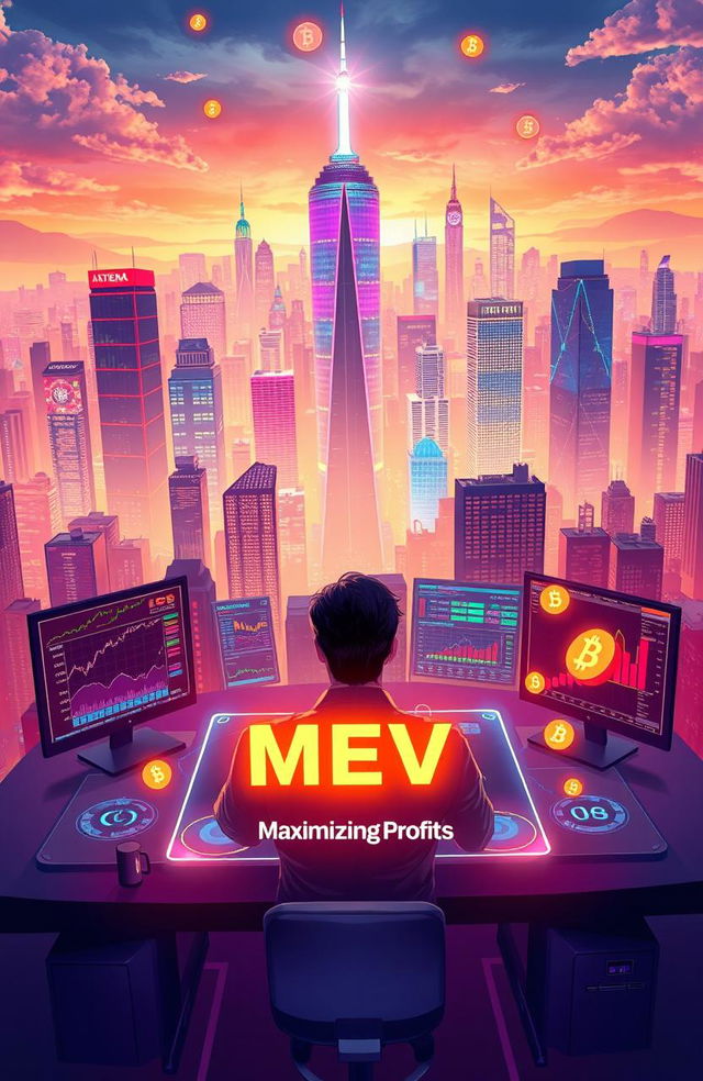 An imaginative and vibrant depiction of the concept of MEV (Miner Extractable Value), illustrated with a dynamic city skyline filled with digital screens showcasing graphs and charts representing cryptocurrency transactions