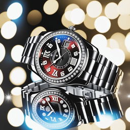 A high-resolution photograph showcases an elegant luxury watch against a backdrop of shimmering lights and a luxurious setting