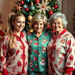 A bright and cheerful Christmas scene featuring a pretty woman with long blonde hair styled in a ponytail, dressed in festive Christmas pajamas