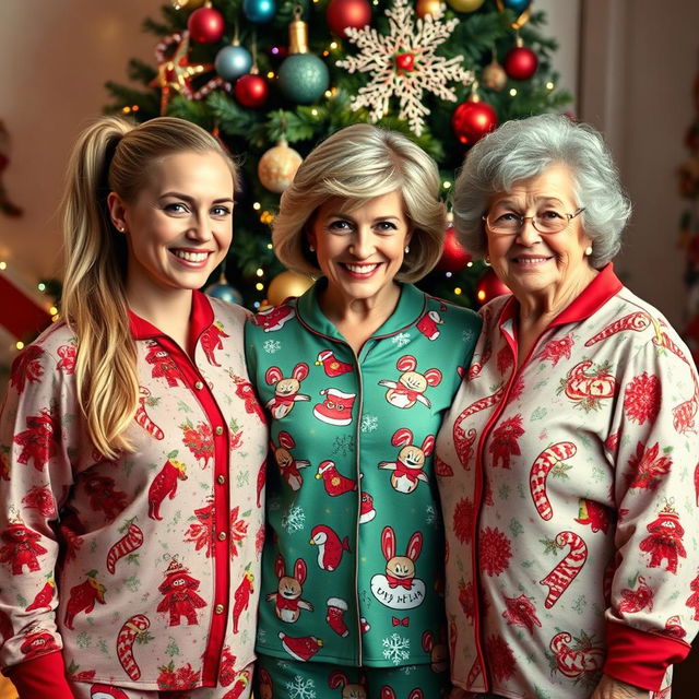 A bright and cheerful Christmas scene featuring a pretty woman with long blonde hair styled in a ponytail, dressed in festive Christmas pajamas