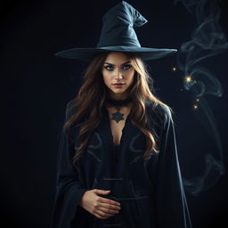A mysterious brunette witch standing confidently in front of an enchanting black background