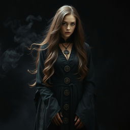 A mysterious brunette witch standing confidently in front of an enchanting black background