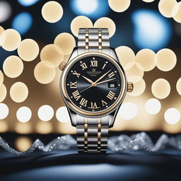 A high-resolution photograph showcases an elegant luxury watch against a backdrop of shimmering lights and a luxurious setting