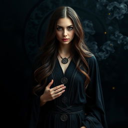 A mysterious brunette witch standing confidently in front of an enchanting black background