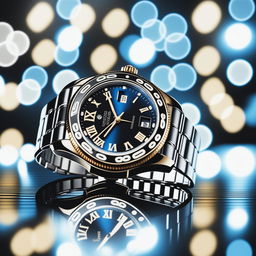 A high-resolution photograph showcases an elegant luxury watch against a backdrop of shimmering lights and a luxurious setting