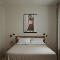 An Airbnb room with a calm and inviting color scheme, featuring a bed, side table, good lighting, a wall photo, and calm-colored curtains, complete with all necessary furnishings