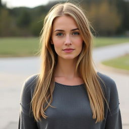 A 35-year-old woman with fair skin and long hair, exhibited in a natural style with minimal makeup