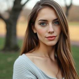 A 35-year-old woman with fair skin and long hair, exhibited in a natural style with minimal makeup