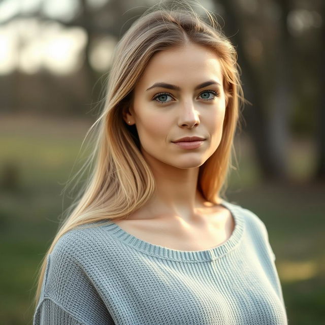 A 35-year-old woman with fair skin and long hair, exhibited in a natural style with minimal makeup