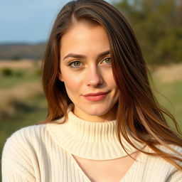 A 35-year-old woman with fair skin and long hair, exhibited in a natural style with minimal makeup