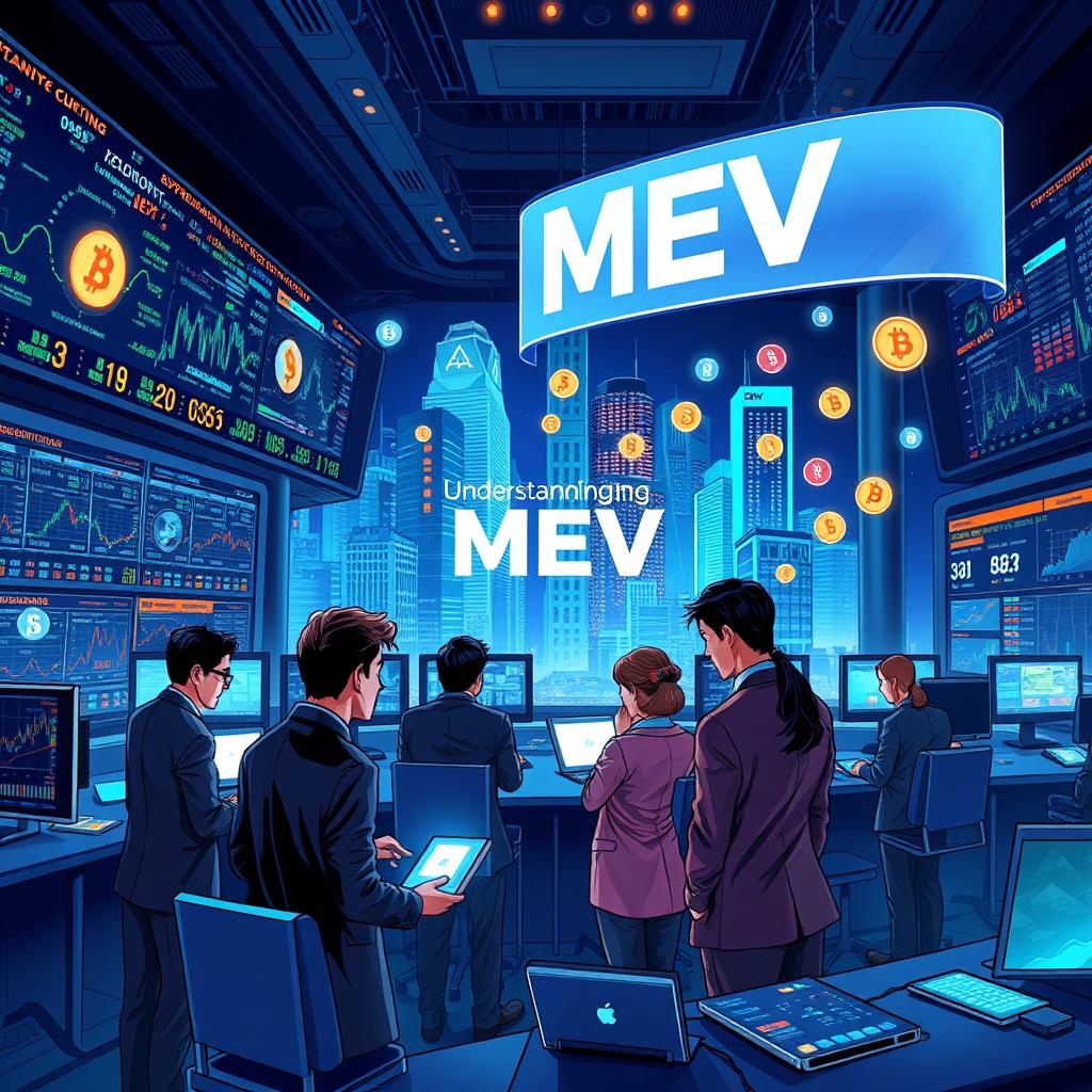 A visually stimulating and intricate illustration representing the theme 'Understanding MEV: The New Frontier of Cryptocurrency Trading'