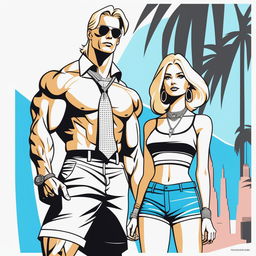 A high-resolution digital rendering of a petite blonde woman in a tie-up crop top, shorts, and necklace, standing next to a much taller man in casual wear