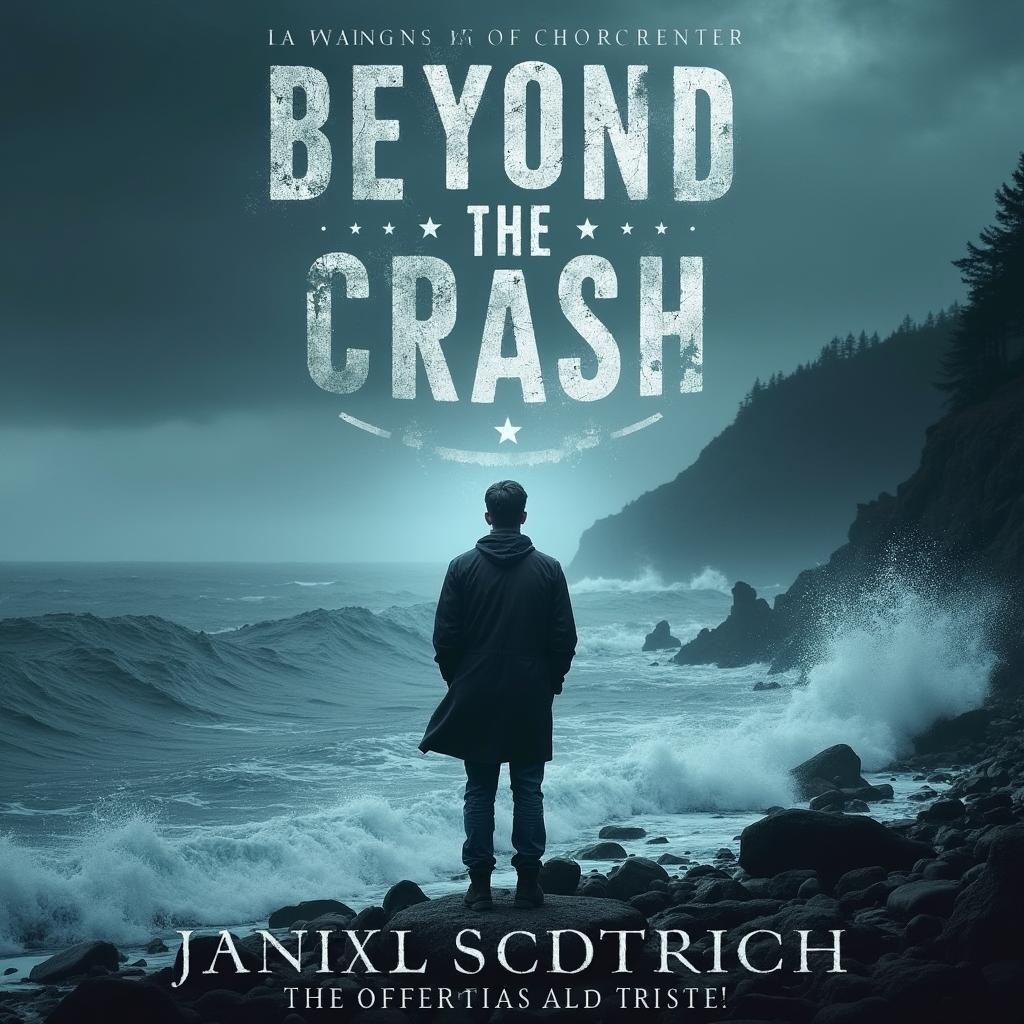 A gripping book cover design for the novel 'Beyond the Crash' by Jannik Petterson, featuring a haunting ocean scene with waves crashing dramatically against a rocky shore under a stormy sky, symbolizing the tumultuous journey of the characters