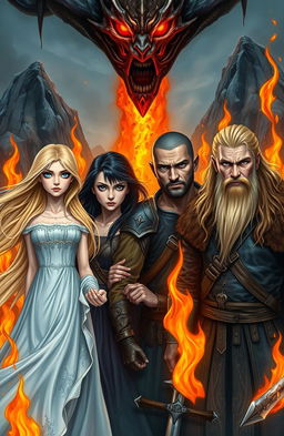 A medieval fantasy scene depicting four main characters: An innocent woman with flowing blonde hair and sparkling blue eyes, dressed in a delicate, ethereal gown, standing with a serene expression