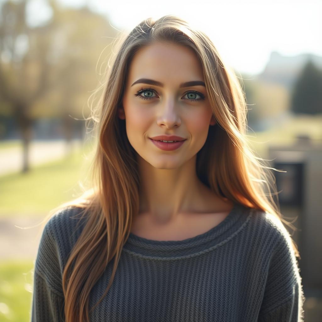 A 35-year-old woman with fair skin and long hair, presented in a natural style with minimal makeup