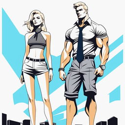 A high-resolution digital rendering of a petite blonde woman in a tie-up crop top, shorts, and necklace, standing next to a much taller man in casual wear