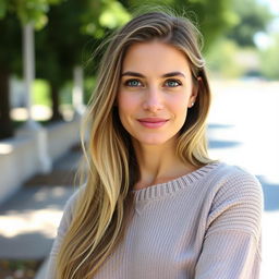 A 35-year-old woman with fair skin and long hair, presented in a natural style with minimal makeup
