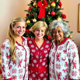 A cheerful Christmas scene featuring three women standing together in front of a beautifully decorated Christmas tree