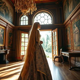 A beautiful woman with long, flowing golden hair stands elegantly in a magnificent Renaissance mansion