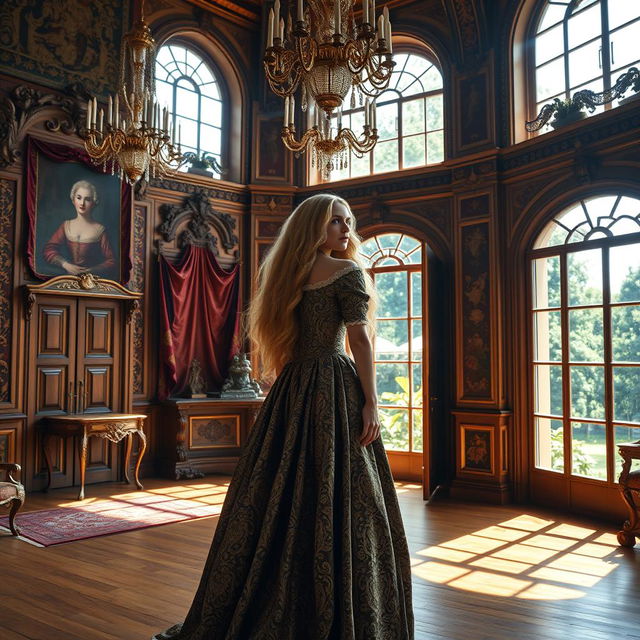 A beautiful woman with long, flowing golden hair stands elegantly in a magnificent Renaissance mansion